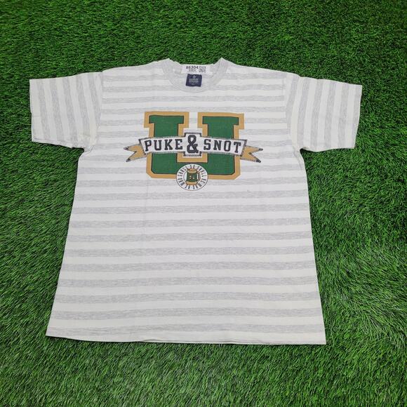Vintage 90s Puke-&-Snot University Shirt Large 22x27 Gray White - Picture 1 of 15